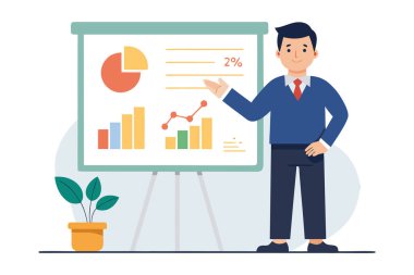 Beyaz tahtada olumlu finansal veriler sunan kendinden emin işadamı; modern düz tasarım.