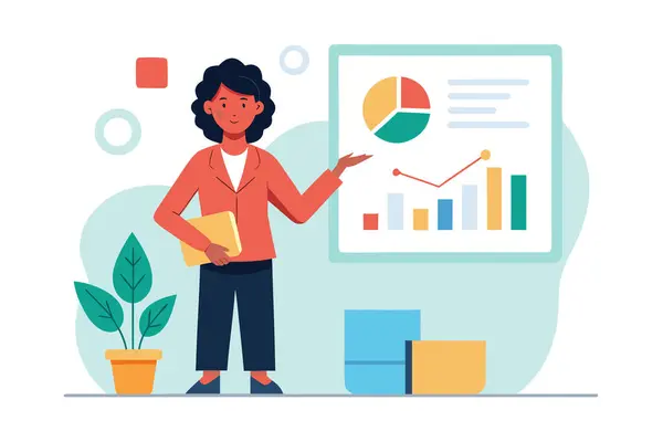 Modern bir iş sunumunda finansal veri grafikleri ve grafikleri sunan kendinden emin bir iş kadını.