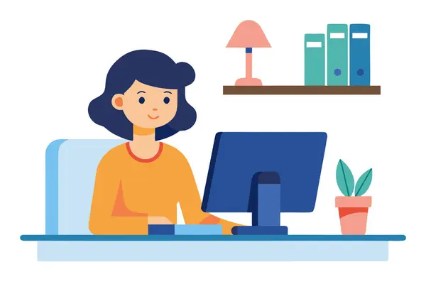 Ev ofisinden, bilgisayardan, masadan, bitkiden, minimalist stil illüstrasyonundan çalışan mutlu genç kadın..