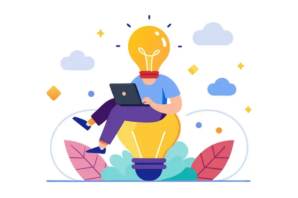 Parlak Fikir: Laptop, Düz Tasarım Resimlerinde Çalışan Ampul Başlıklı Kişi