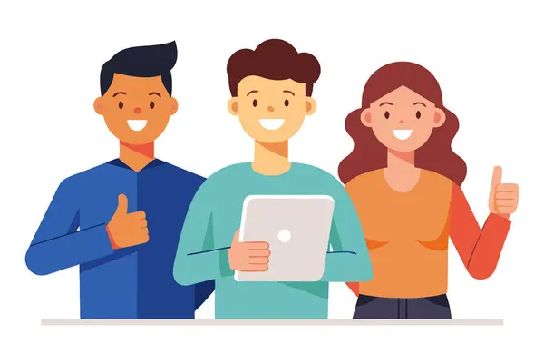 Tablet kullanan mutlu çeşitlilik, olumlu işbirliği, düz tasarım, neşeli ruh hali.