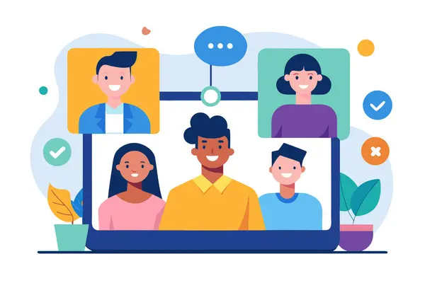 Dizüstü bilgisayarda çeşitli takım video konferansı, neşeli online toplantı, modern düz stil illüstrasyon.