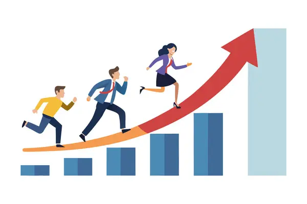İş adamları büyüme tablosunda yukarı doğru koşuyorlar; pozitif, hırslı, düz vektör çizimi.