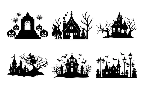 Ürkütücü Cadılar Bayramı Siluet Koleksiyonu Perili Evler, Balkabakları, Yarasalar ve Cadılar..