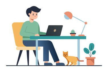 Laptop 'ta Evden Çalışan Genç Adam, Minimalist Düz Tasarım, Sakin Ruh hali