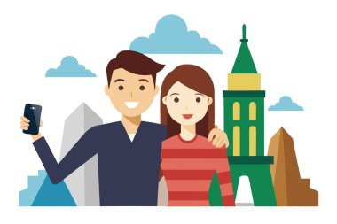 Şehir simgesi önünde selfie çeken mutlu çift, düz tasarım, neşeli ruh hali.