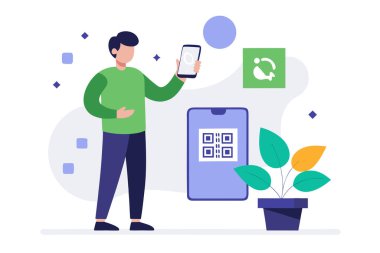 Akıllı telefondan QR kodunu tarayan adam, düz tasarım, modern teknoloji, dijital yaşam tarzı, basit illüstrasyon.