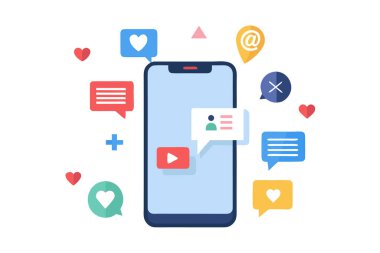 Smartphone Sosyal Medya Bildirimleri: Düz Tasarım, Pozitif Ruh hali, Renkli Simgeler, İletişim Konsepti