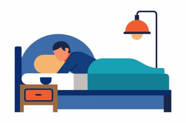 Yatakta huzur içinde uyuyan bir adam, minimalist düz tasarım, sakin bir gece sahnesi..