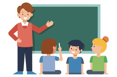 Çeşitli ilkokul çocuklarını tahtada eğiten mutlu öğretmen; neşeli sınıf sahnesi, düz vektör illüstrasyonu.