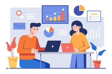 Dizüstü bilgisayarlar, veri grafikleri ve grafikleri gözden geçiren mutlu meslektaşlar, modern ofis çalışma alanı, düz tasarım tarzı.