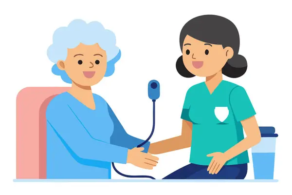 Dost canlısı hemşire yaşlı kadının tansiyonunu ölçüyor; neşeli, çizgi film tarzı tıbbi çizimler..