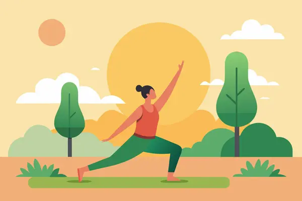 Gün batımında yoga yapan bir kadın, canlı düz tasarım, huzurlu bir ruh hali..