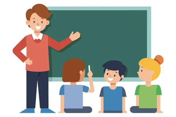Çeşitli ilkokul çocuklarını tahtada eğiten mutlu öğretmen; neşeli sınıf sahnesi, düz vektör illüstrasyonu.
