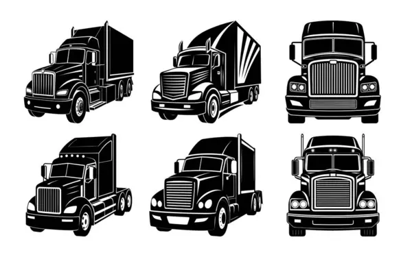 Beyaz zemin üzerinde çeşitli model ve perspektifler sergileyen bir yarı kamyon koleksiyonu izole edilmiştir.