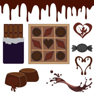 Collection of chocolate, pieces, shavings realistic vector icon set
