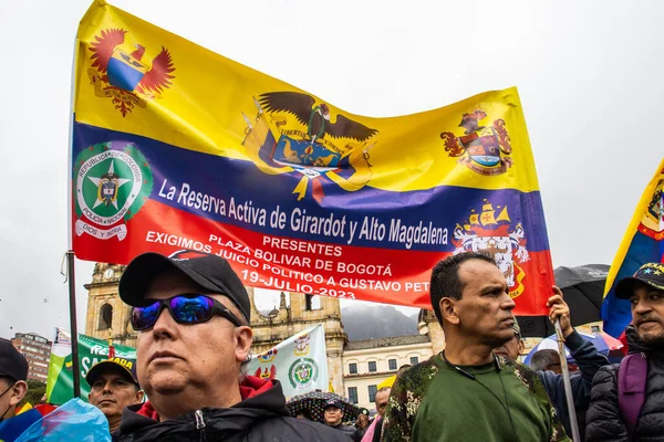 stock image BOGOTA, COLOMBIA, 19 JULY 2023. Peaceful protest of the members of the active reserve of the military and police forces in Bogota Colombia against the government of Gustavo Petro.