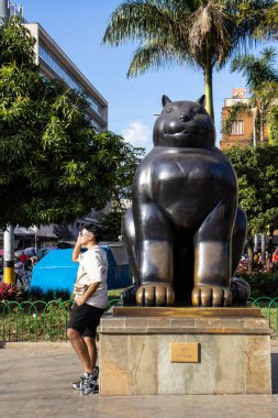 MEDELLİN, KOLOMBİYA - 17 HAZİRAN 2024: Cat. Ünlü Kolombiyalı sanatçı Fernando Botero Angulo 'nun bronz heykelleri Medellin şehrinin merkezinde onun adını taşıyan meydanda..