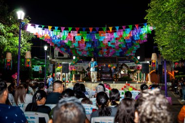 Chapulhuacanito, San Luis Potosi, Meksika - 31 Ekim 2024: Küçük Chapulhuacanito kasabasındaki Xantolo kutlamasının açılışında geleneksel geçit törenleri,