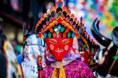 San Martin Chalchicuautla, San Luis Potosi, Meksika 1 Kasım 2024: San Luis Potosi eyaletinin San Martin Chalchicuautla kasabasında Xantolo geleneksel kutlaması. Kadınlar geçit töreni.