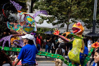 Mexico City, Meksika - 19 Ekim 2024 Mexico City 'deki Reforma Caddesi' nde Alebrijes adında renkli hayali yaratıkların geleneksel geçit töreni.