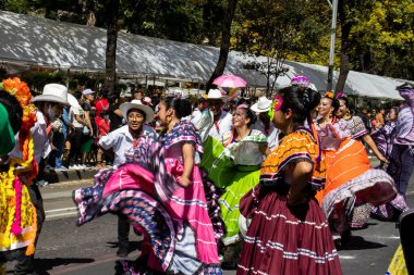 Mexico City, Meksika - 19 Ekim 2024 Mexico City 'deki Reforma Caddesi' nde Alebrijes adında renkli hayali yaratıkların geleneksel geçit töreni.