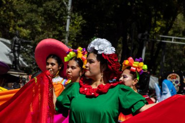 Mexico City, Meksika - 19 Ekim 2024 Mexico City 'deki Reforma Caddesi' nde Alebrijes adında renkli hayali yaratıkların geleneksel geçit töreni.