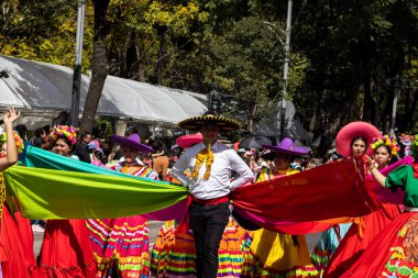 Mexico City, Meksika - 19 Ekim 2024 Mexico City 'deki Reforma Caddesi' nde Alebrijes adında renkli hayali yaratıkların geleneksel geçit töreni.