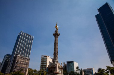 Mexico City, Mexico - 23 Ekim 2024: ünlü Paseo de la Reforma çevresindeki Mexico City manzarası. Bağımsızlık Meleği.