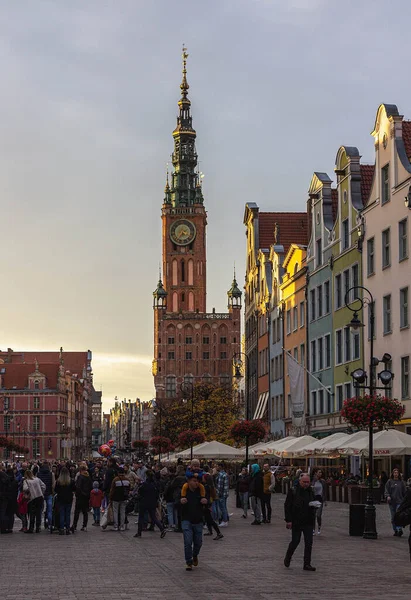 Dlugi Targ Square and Main Town Hall at dusk in the old city center of Gdansk, Poland. 