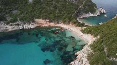 Flying over beautiful Porto Timoni beach in Corfu Island, Greece.