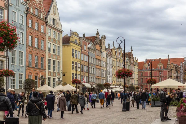 Facades of beautiful colorful  buildings on Dlugi targ square in old historical town center of Gdansk, Poland
