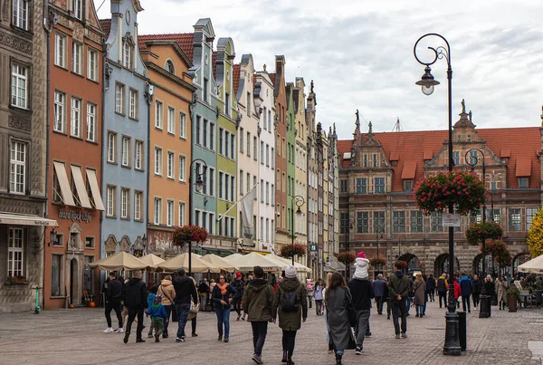 View of Dlugi Targ, the main tourist attraction of Gdansk, Poland. Many beautiful colourful old houses. Long Market in Gdansk