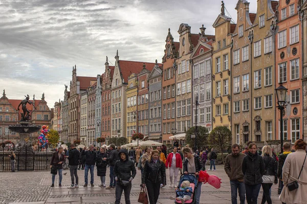 Facades of beautiful colorful  buildings in old historical town center of Gdansk, Poland