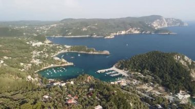 View of crystal waters, rocky coast and bays of Palaiokastritsa in Corfu Island, Greece. Aerial view from Bella Vista viewpoint.