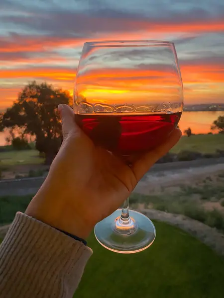 Şarap kadehi kırmızı şarapla birlikte canlı bir günbatımına karşı tutuluyor.