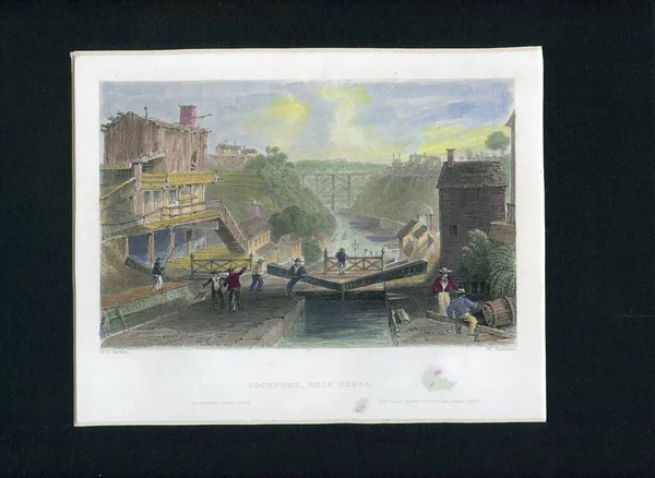 Stock image A water colored antique print of the Erie Canal at Lockport, New York from Picturesque America dated 1822