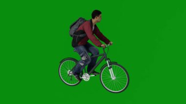 A 3D student boy is animated on a green screen while riding a bicycle