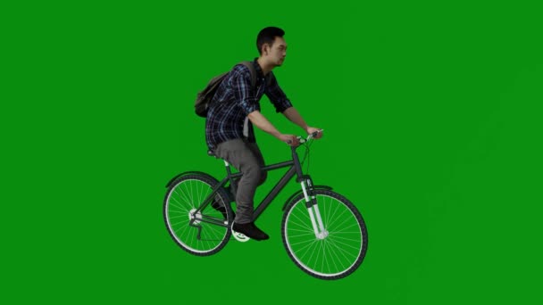Του Ασιατικού Αγοριού Ιππασία Ποδήλατο Στην Πράσινη Οθόνη Πηγαίνει Για — Αρχείο Βίντεο
