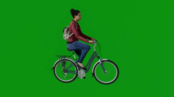 若いですホワイト女の子ライディング自転車で緑の画面上で家に帰るとともに友人An — ストック動画