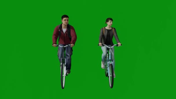 一对坐在绿色屏幕上的美国学生夫妇骑自行车上了大学 — 图库视频影像