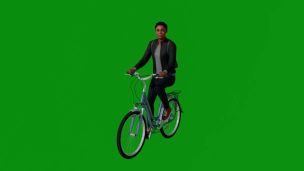 Черный Продаж Девушка Езда Велосипеде Зеленом Экране Собирается Работу Маркетинг — стоковое видео