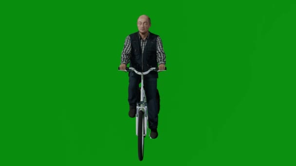 Stary Azji Człowiek Jazda Rowerze Zielonym Ekranie Będzie Spacer Ćwiczenia — Wideo stockowe