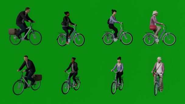 Fire Postbud Kvinder Ridning Forskellige Cykler Grøn Skærm Baggrund Dri – Stock-video