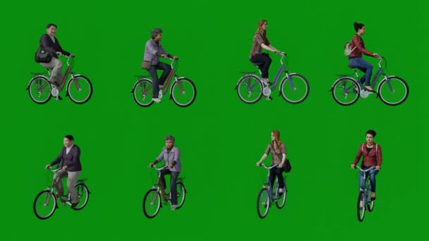 Négy Idős Ázsiai Nők Kerékpárosok Zöld Képernyőn Háttér Lovaglás Cigány — Stock videók