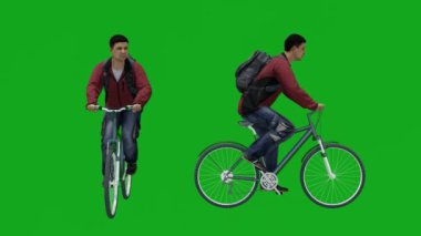 European tourist man riding a green screen with two different views