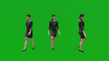 Siyah elbiseli kadın üç açılı yeşil ekran 3D görüntüsü ile yürüyor.