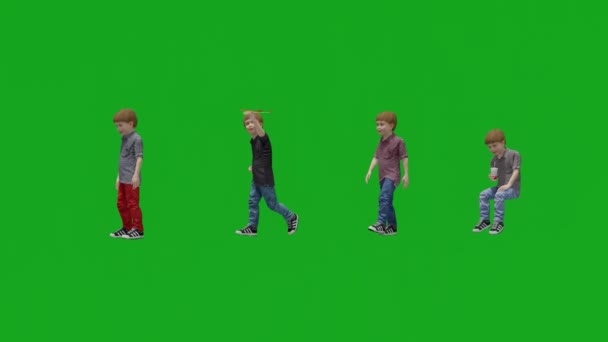 四个不同的绿色屏幕男孩一起玩 并排走着3D侧视图 — 图库视频影像