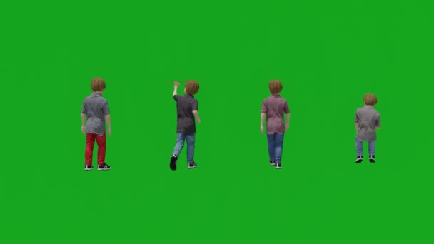 四个不同的男孩在绿屏上一起玩耍 在3D后视镜中行走 — 图库视频影像