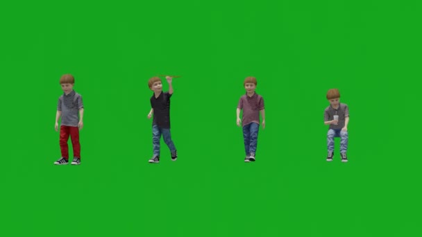 Четыре Разных Мальчика Зеленом Экране Вместе Играют Ходят Едят — стоковое видео